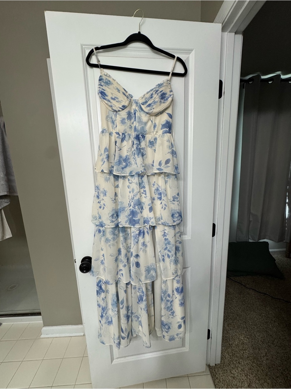 Birdy Grey Blue and Cream Tiered Floral Maxi Dress